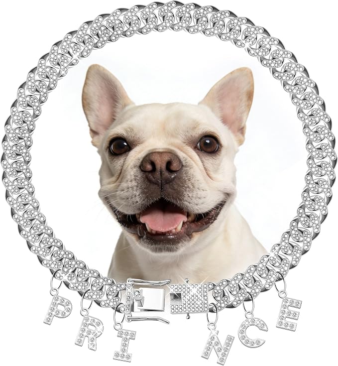 Custom Dog Chain Collar with Name, Diamond Collars Metal Chain Necklace with Secure Buckle, Cuban Style Jewelry Accessories for Puppy Small Medium Large Dogs(Silver, 14 Inch)