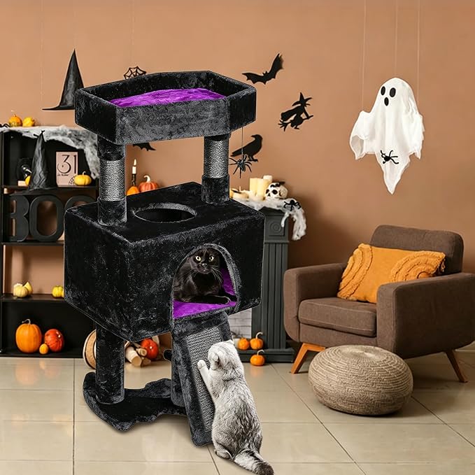 BEWISHOME Cat Tree Tower for Indoor Cats, Gothic Cat Trees with Coffin Bed | Cat Condo Cat House with Scratching Board, Cat Shelves with Spider Toy, Pet Play Activity Center Black with Purple, MMJ95Z