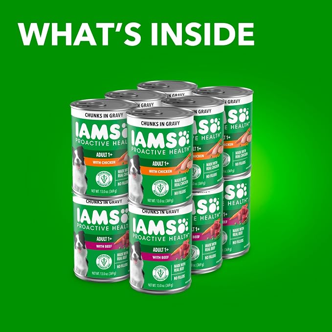 IAMS Proactive Health Pack Wet Dog Food, Beef & Chicken, 13 oz, 12 Pack | Chunks in Gravy, Omega 6 Fatty Acids, supports healthy skin, muscles & digestion, 13 oz. Cans, no artificial flavors