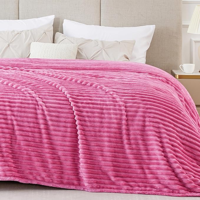 BEDELITE 3D Ribbed Jacquard Hot Pink King Size Blanket for Bed, 108x90 Inch | Soft Warm Decorative Fluffy Blanket, Cozy Fuzzy Lightweight Plush Fleece Throw Blankets for Bed, Room Decor, Gift for Women