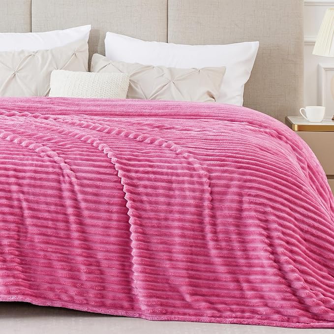 BEDELITE Ribbed Jacquard Hot Pink Blankets Queen Size for Bed, 90x90 Inch | Soft Warm Decorative Fluffy Blanket, Cozy Fuzzy Lightweight Plush Fleece Throw Blankets for Bed, Room Decor, Gift for Women