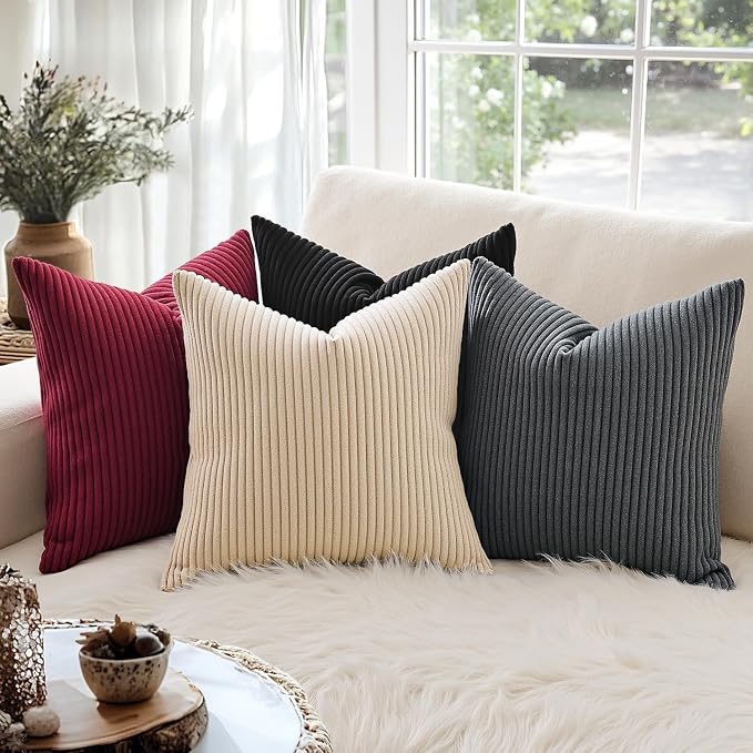 MIULEE Decorative Corduroy Throw Pillow Covers Set of 2 18x18 Beige | Soft Striped Textured Cushion Cases, Boho Square Pillowcases Neutral Home Decor, for Couch Chair Sofa Bed Living Room