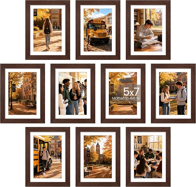 upsimples 5x7 Picture Frame Set of 10, Display Pictures 4x6 with Mat or 5x7 Without, Multi Photo Frames Collage for Wall or Tabletop Display, Brown | Small Frame Fit 4x6 and 5 x 7 Photos, Wall or Tabletop Display, For Gallery Hallway Living Room, For C...