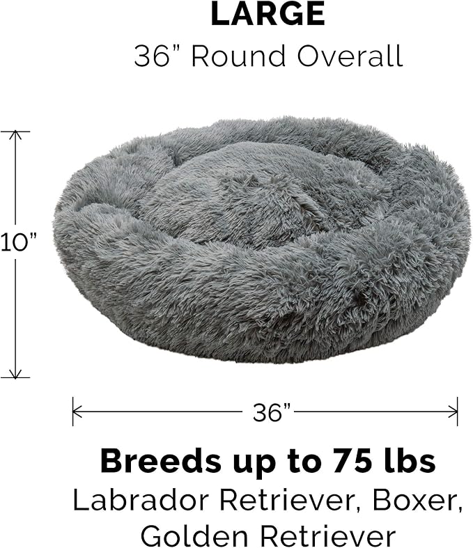 Furhaven Replacement Donut Dog Bed Cover Plush Long Faux Fur Calming Cuddler, Machine Washable - Gray, Large