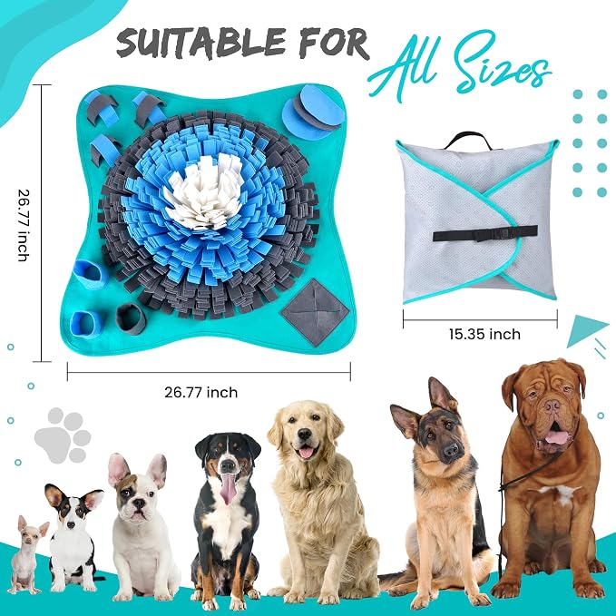 25" Dog Snuffle Mat - Interactive Dog Puzzle Toys for Enrichment - Large Slow Feeder Foraging Mat for Brain Games & Nosework Training - Washable Pet Sniff Mat with Easy to Carry Handle