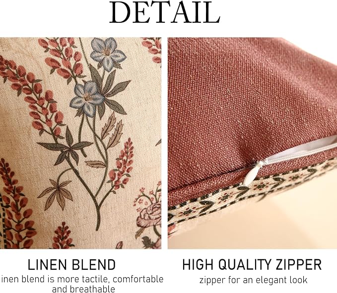 Designer Linen Throw Pillow Cover,Set of 2,20"x12"-Helena C | Elegant French Rectangle Pillow Cover,Concealed Zipper Design,Floral Pattern,Sofas,Bedroom,Living Room,Lounge Chairs