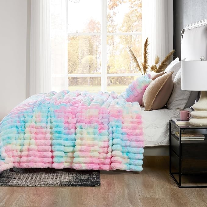 Cozy Bliss Faux Fur Throw Blanket for Couch, Cozy Warm Plush Striped Blanket for Sofa Bedroom Living Room, 108 * 90 Inches Tie-dye Rainbow