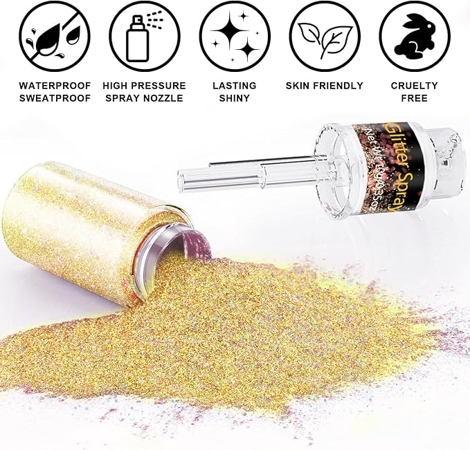 Hair and Body Glitter Spray, 1PC Glitter Hairspray Dry Powder Makeup for Clothes, Festival Rave Prom Loose Sparkle Powder,Holographic Ultra Fine Resin Glitters for Crafts (Sparkling Gold)