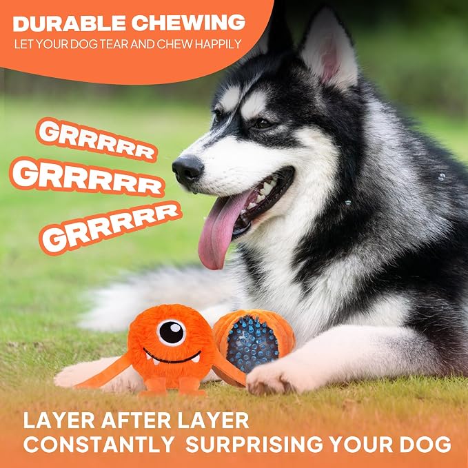 Fida Dog Toys for Aggressive Chewers, 3 in 1, Tough Squeaky Ball, Orange