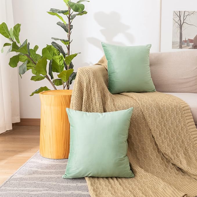 NiNi ALL SageGreen Velvet Throw Pillow Covers 22x22 Pack of 2 Decorative | Couch Soft Solid Boho Cushion Squar Pillow Cases for Chair Sofa Bedroom Farmhouse Living room Modern Luxury Home Christmas
