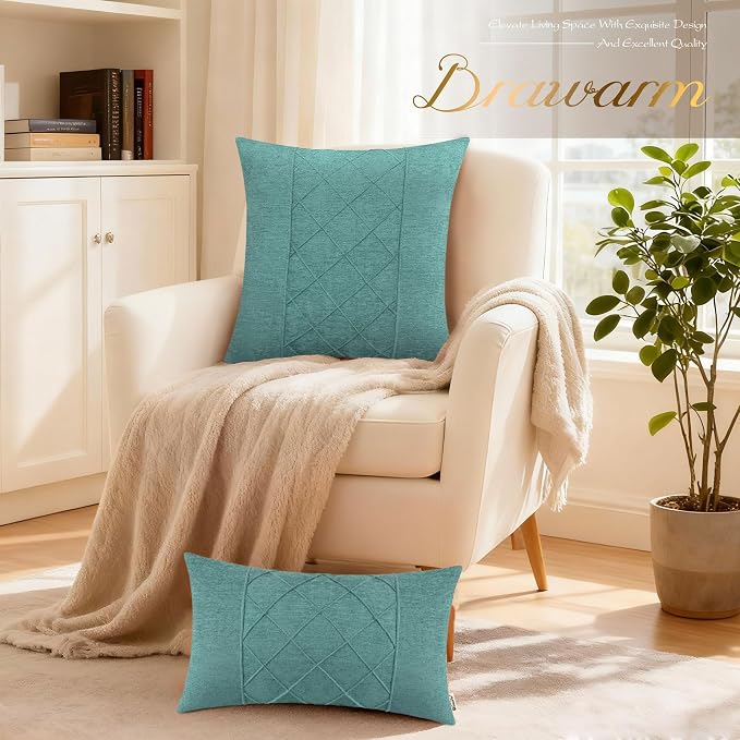 BRAWARM Chenille Throw Pillow Covers 20x20 Inches, Teal, 2 Pack | Decorative Pleated Pillow Covers, Soft Cushion Cases for Sofa Bed Living Room Home Farmhouse (No Insert)