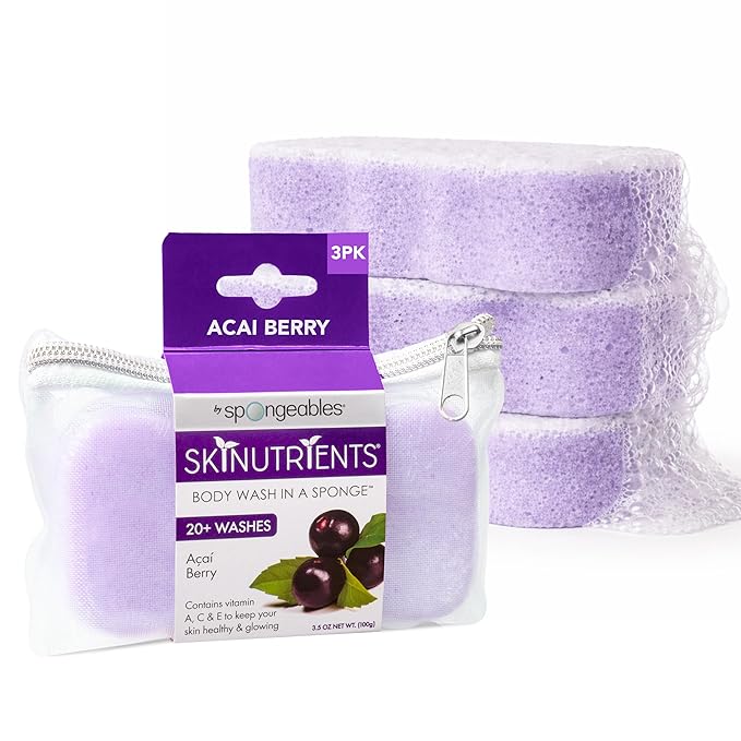 Spongeables Body Wash in a 20+ Wash Sponge, Acai Berry, 3 Count