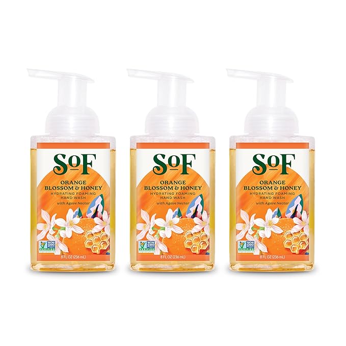 SoF Hydrating Foaming Hand Wash - With Organic Agave Nectar & Coconut Oil- Vegan & Non GMO- Free From Phthalates, Sulfates & Parabens- Orange Blossom & Honey - 8 oz Bottle 3 Pack
