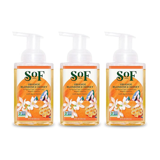 SoF Hydrating Foaming Hand Wash - With Organic Agave Nectar & Coconut Oil- Vegan & Non GMO- Free From Phthalates, Sulfates & Parabens- Orange Blossom & Honey - 8 oz Bottle 3 Pack
