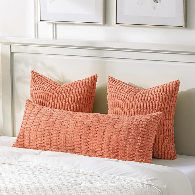 Fancy Homi Decorative Throw Pillow Covers for Bed Couch Bedroom Bench, Soft Corduroy Solid Pillow Case, Rustic Farmhouse Boho Room Decor,36" x 14" (Pack of 1),Coral
