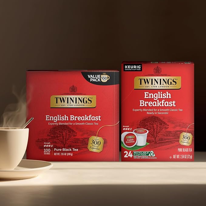 Twinings English Breakfast Tea K-Cup Pods, 24 Count (Pack of 1) + English Breakfast Tea Bags, 100 Count (Pack of 1)