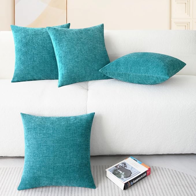 CaliTime Decorative Couch Throw Pillow Covers 18 X 18 Inches Lake Blue | Pack of 4, Cozy Chenille Cushion Cases for Sofa Bed Living Room Farmhouse Home
