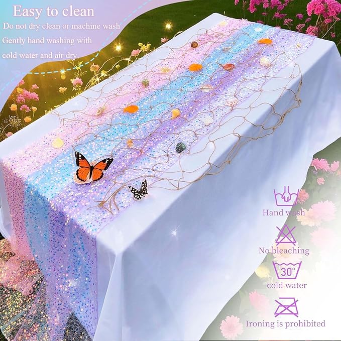 White Sequin Table Runner 10 Ft 1 Pack, Perfect for 6 - 8 Ft Tables, Iridescent Sparkle Table Runner 120" x 17" for Wedding Birthday Party Decorations