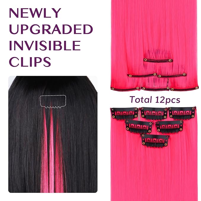 IDN BEAUTY Colored Clip in Hair Extension, 12PCS Hot Pink 24Inch Invisible Clip Straight Synthetic Hair Pieces for Women, Hair Accessories for Party Cosplay Travel Birthday