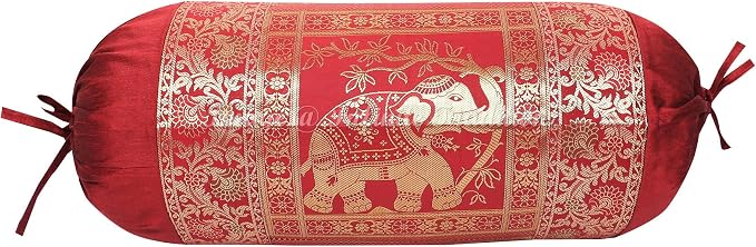 Ethnic Living Room Decorative Bolster Tube Pillow Covers Cylindrical Maroon Yoga Couch Round Cushion Cover Jacquard Weave Poly Dupion Silk Elephant Throw Pillow Case 30x15 inch (76x38cm) - 2 Pc.
