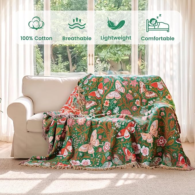 MSGKV Boho Throw Blanket 50"x60" Summer Cotton Butterfly Floral Blanket | 100% Cotton Muslin, Butterfly Throw Blanket, Reversible Jacquard Weave, Soft & Breathable, Machine Washable