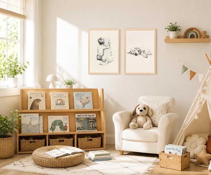 Boy and Dog Wall Art Set of 2 Framed, Minimalist Sketch Print | Best Friends Artwork for Kids Room Nursery Bedroom Home Decor 16x24 Inches
