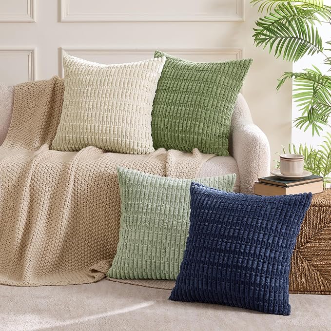 MIULEE Set of 4 Soft Corduroy Throw Pillow Covers Green Blue 18x18 Inch | Modern Farmhouse Boho Decorative pillows,Accent Cushion Covers for Couch,Sofa,Bedroom