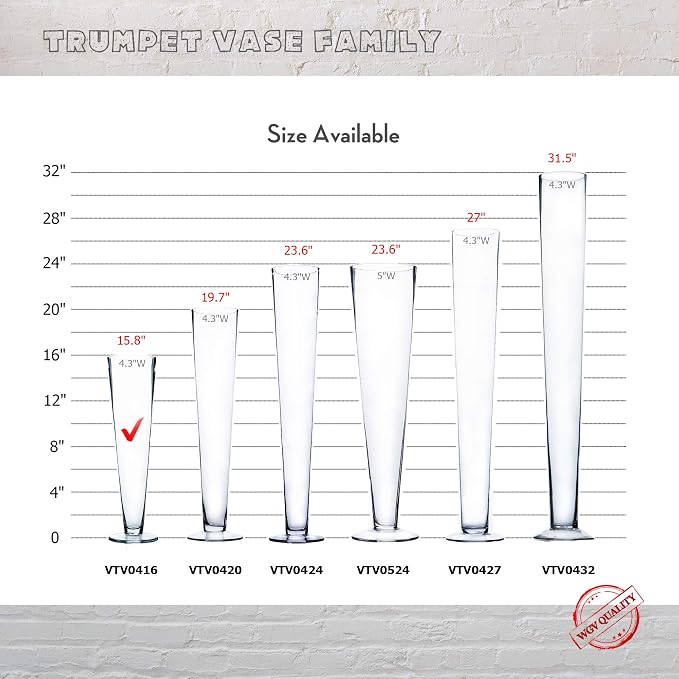 WGV Trumpet Glass Vase Bulk, Open 4", Height 16", (Multiple Sizes Choices) Clear Tall Pilsner Floral Planter Container Centerpiece, Wedding Event Home Decor, 8 Pieces (VTV0416)