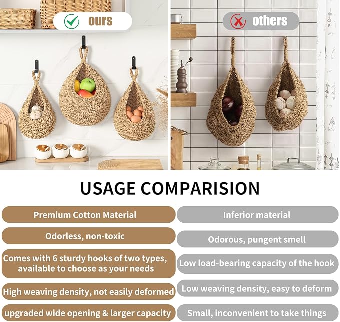 Boho Wall Hanging Fruit Baskets for Kitchen 3 Pack Woven Produce Holder with 6 Pcs Strong Hooks Vegetable Hanging Basket for Organizing Teardrop Home Wall Potato Onion Storage, Linen
