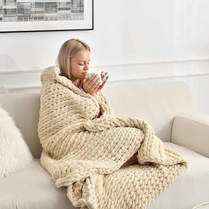 Maetoow Tighter Version Chenille Chunky Knit Blanket Throw,50×60,Beige