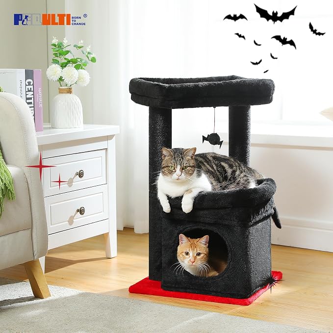PEQULTI Indoor Cat Tree Tower Small Cats, Sisal Post & Cozy Condo, Black | Private soft cat condo, soft top perch, natural sisal scratch posts, plush pom-pom toy for indoor kitties