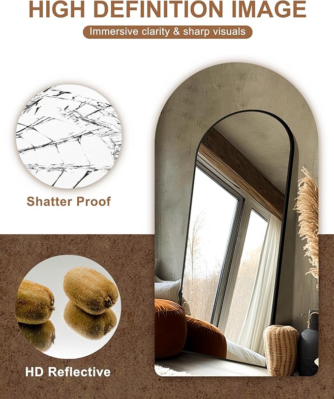 Arched Full Length Mirror with Stand, 75x35 Black Floor Mirror | Aluminium alloy frame with HD float glass for distortion-free reflection. Free standing or wall mounted.