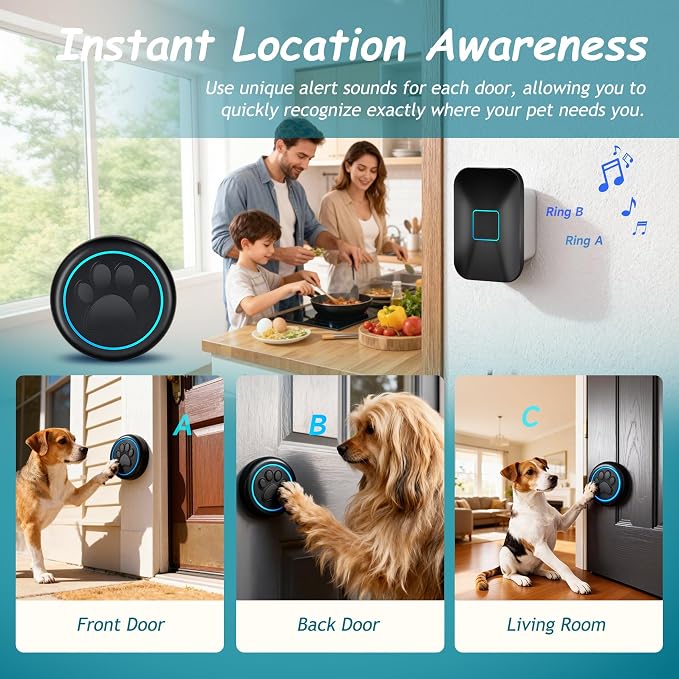 Halo Paw Smart Dog Door Bell–BK Dog Bells to Go Outside (2 Bells & 1 Chime) | Touch-to-Ring, LED Light Wireless Dog Buttons & Dog Clicker for Communication, Waterproof Bell for Dogs to Ring to Go Potty