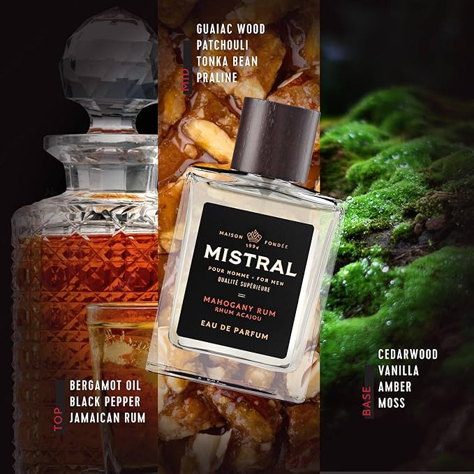 Mistral Men’s Cologne – Mahogany Rum Eau de Parfum | Warm, Spicy & Earthy Masculine Fragrance with Patchouli, Amber & Cedarwood | Cruelty-Free & Long-Lasting Perfume for Men, Made in France - 3.4 Oz