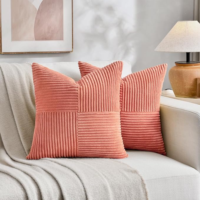 Fancy Homi Set of 1 Coral Square Decorative Throw Pillow Covers 14x14 Inch for Living Room Bedroom Couch Bed Sofa, Soft Striped Corduroy Modern Rectangle Accent Cushion Case 35x35 cm