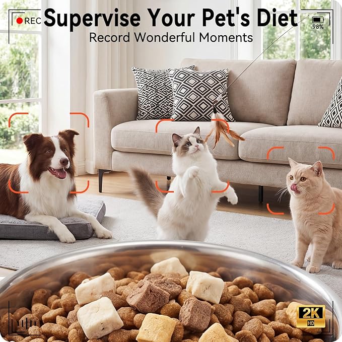 Automatic Cat Feeder with 2K Camera: 5G WiFi Automatic Dog Feeder | Night Vision, Two-way Audio, Voice Recording, 304 Stainless Steel Bowl, 6L Large Capacity, Detachable for Easy Clean -24 Cups
