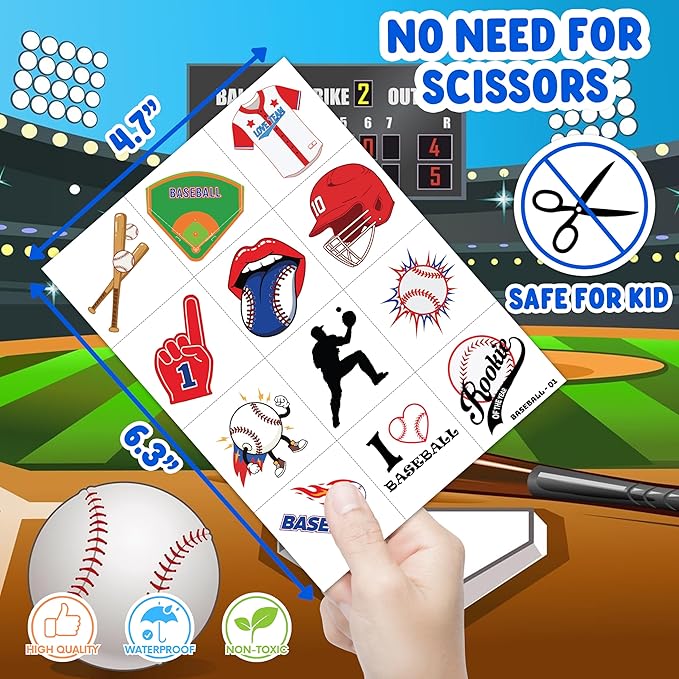 96 PCS Baseball Sports Pre-Cut Temporary Tattoos for Kids | Super Cute Baseball Themed Birthday Party Favors, Supplies, Decorations, Fake Tattoo Stickers (multiple)