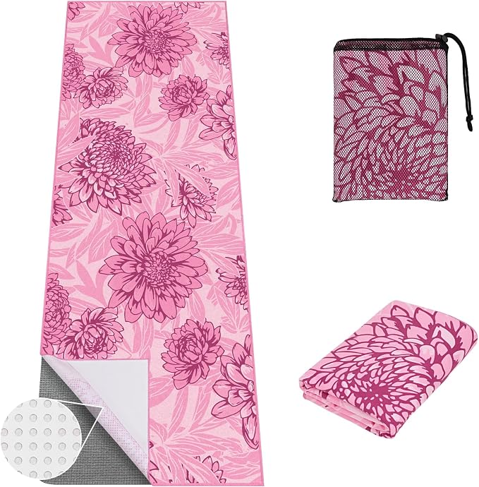 Yoga Towel Hot Yoga Mat Towel with Corner Pockets, 74 x 26 inch, Non-Slip Sweat-Absorbent Soft Microfiber Yoga Blanket for Pilates, Fitness and Workout, Pink