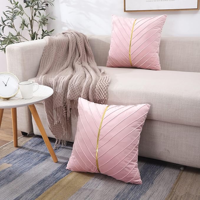 Velvet Throw Pillow Covers 20x20 Pack of 2 Gold Decor Blush Pink | Soft Solid Pillow Covers,Modern Luxury Home Decor,Valentine's Day Decor,Hidden Zipper,Ideal Gift,Easy Care
