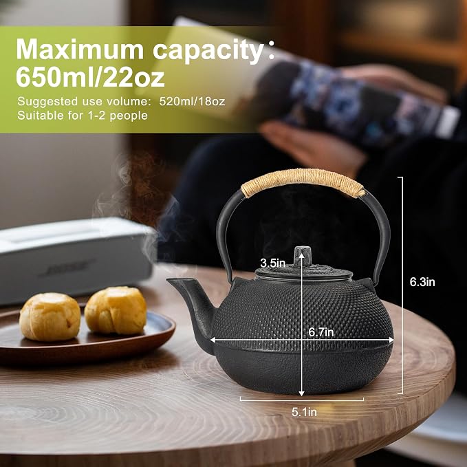 suyika Japanese Tetsubin Cast Iron Teapot Tea Kettle pot with Stainless Steel Infuser for Stovetop Safe Coated with Enameled Interior 22 oz/650 ml