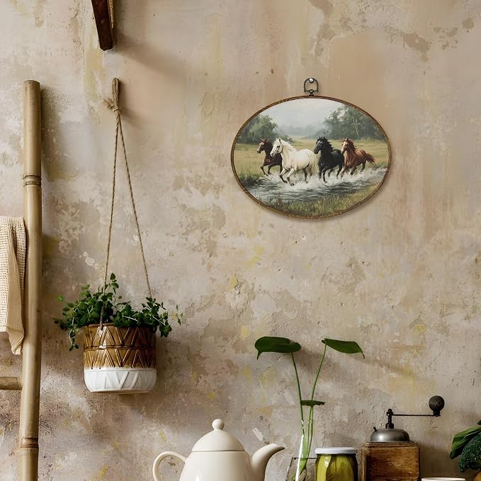 LKETW Vintage Horse Oval Wall Art Decor, Rustic Farmhouse Equestrian Oval Canvas Hanging Decor, Wild Horse Running Wall Decorations for Home Bedroom Living Room, 11.4x8.6 Inch