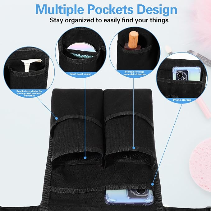 Massage Bottle Bag, Professional Massage Therapist Holder for 2 Bottles, Massage-Bottle Holder with Adjustable Belt, Multiple Pockets Design Massage-Lotion Holders (Black)