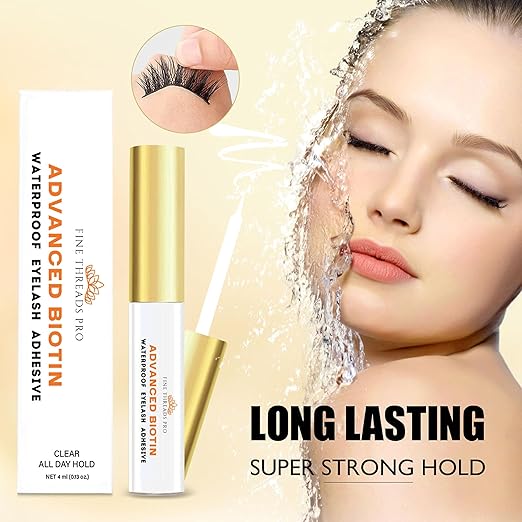 2 in 1 Clear Lash Glue with Lash Growth BIOTIN; Sensitive Eyes; Strong Hold Easy Brush On for False Eyelash Extensions, Strip Lashes, Mink, Wispy, Latex Free, No Parabens; Waterproof
