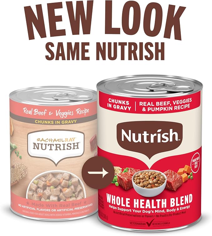 Nutrish Beef Wet Dog Food Chunks in Gravy, 13 oz. Can (Rachael Ray) | No Poultry By-Product Meal, Artificial Preservatives or Flavors, No Added Corn or Wheat Ingredients (Pack of 12)