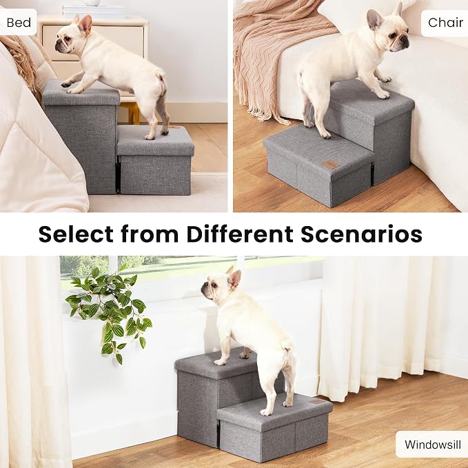Love's cabin Dog Stairs for High Bed, Foldable Pet Stairs for Small Medium or Large Dogs Puppy with Storage for Bed or Couch, Cat Dog Steps Ramp with Zip up to 200 lbs, Solid Grey, 2 Steps