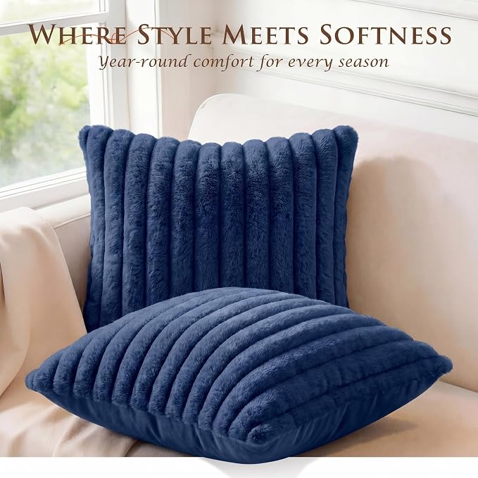 Pack of 2 Throw Pillow Covers 20x20 Decorative Solid Plush Faux Fur with Soft Velvet Back, Square Striped Cushion Cases Modern Farmhouse Home Decor for Living Room Couch Sofa Bed Navy Blue