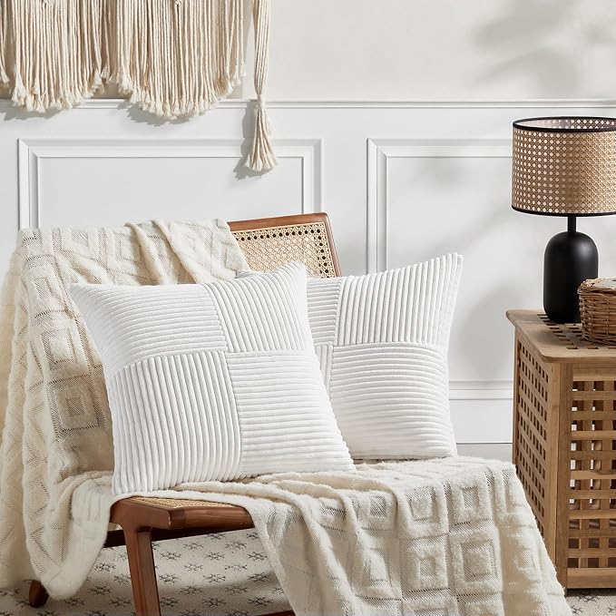 Fancy Homi Pure White Decorative Throw Pillow Covers 20x20 Inch for Living Room Couch Bed Sofa, Rustic Farmhouse Boho Home Decor, Soft Corss Corduroy Patchwork Accent Cushion Case 50x50 cm