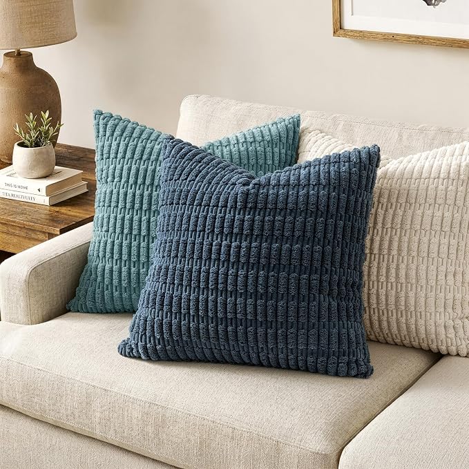 MIULEE Corduroy Decorative Throw Pillow Covers 16x16 Blue Pack of 2 | Soft Boho Striped Pillow Covers Modern Farmhouse Coastal Home Decor For Sofa Living Room Couch Bed