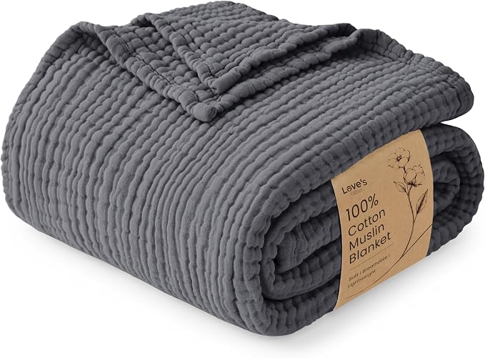 Love's cabin 100% Cotton Muslin Blanket, 6 Layer Lightweight Breathable Gauze Throw Blanket 50 x 60 Inches, Soft All Season Blanket for Couch, Bed, Sofa, Dark Grey