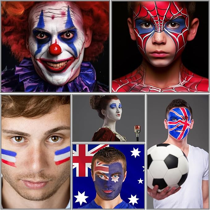 US Flag Red White And Blue Joker Face Body Paint, Water-Based Face Painting Kit with Brushes for America’s Patriotic Parades 4th of July USA Independence Day & Halloween Costume Clown Cosplay Makeup